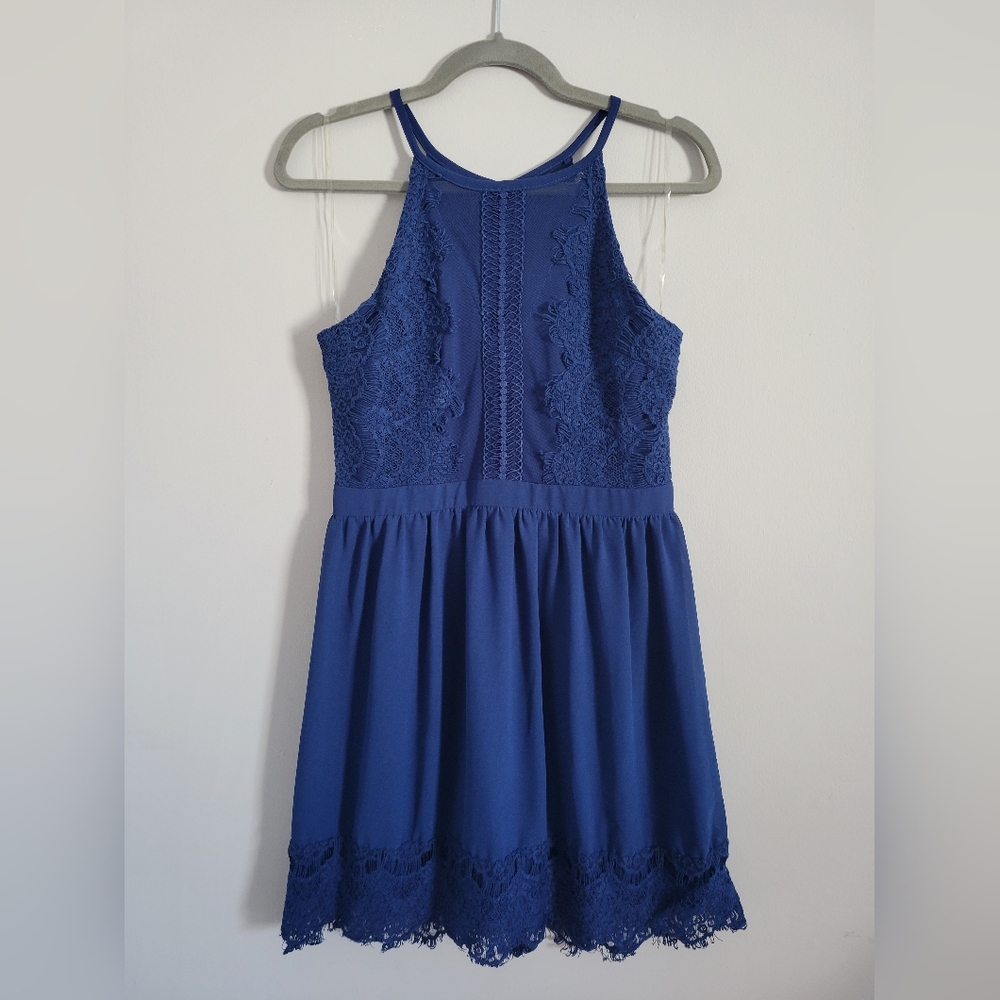 Francesca's London Mesh A-Line Blue Lace High-Neck Dress